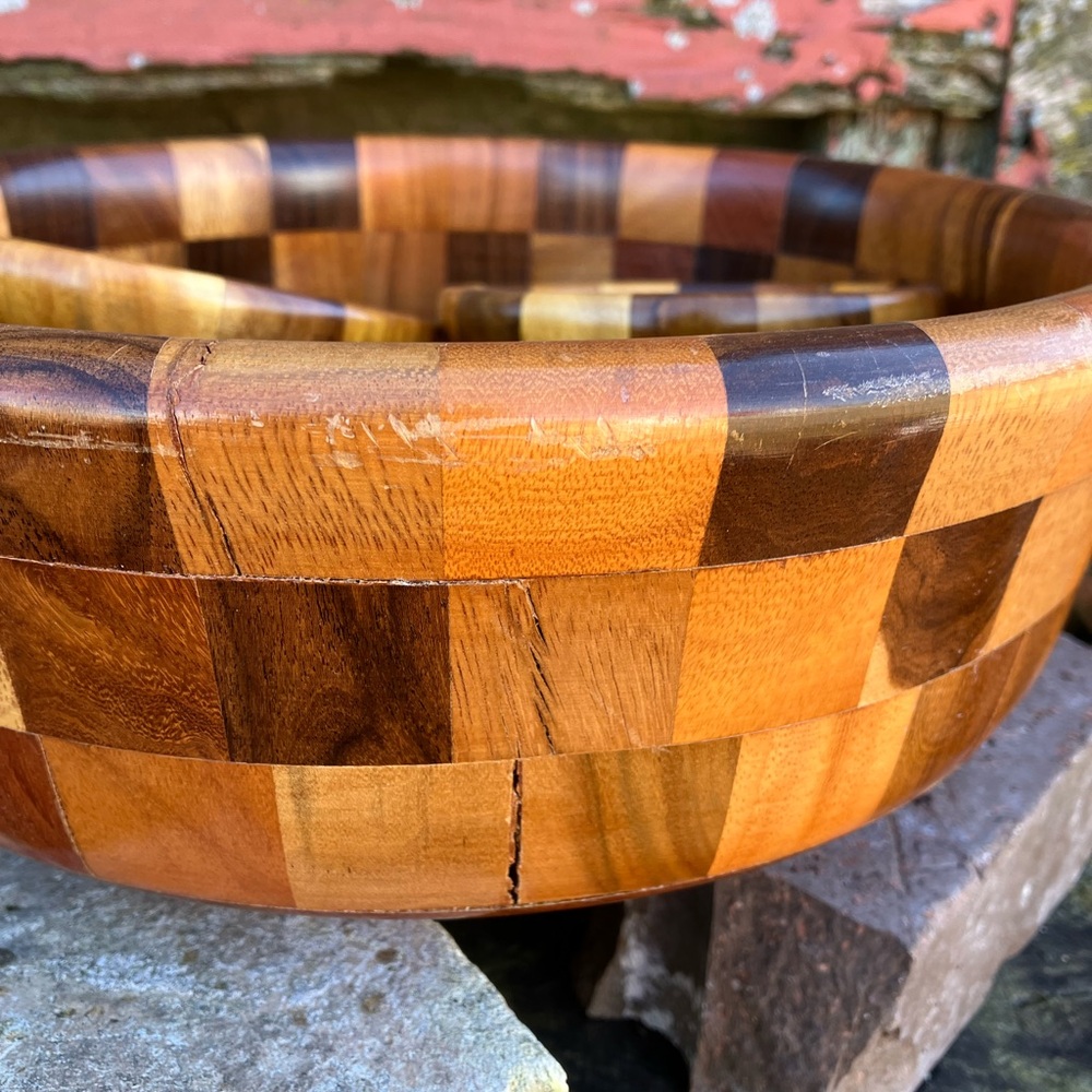 Vintage MCM Checkerboard Multicolor Wooden Serving Bowl Set 1960s Bohemian Salad - Picture 10 of 16